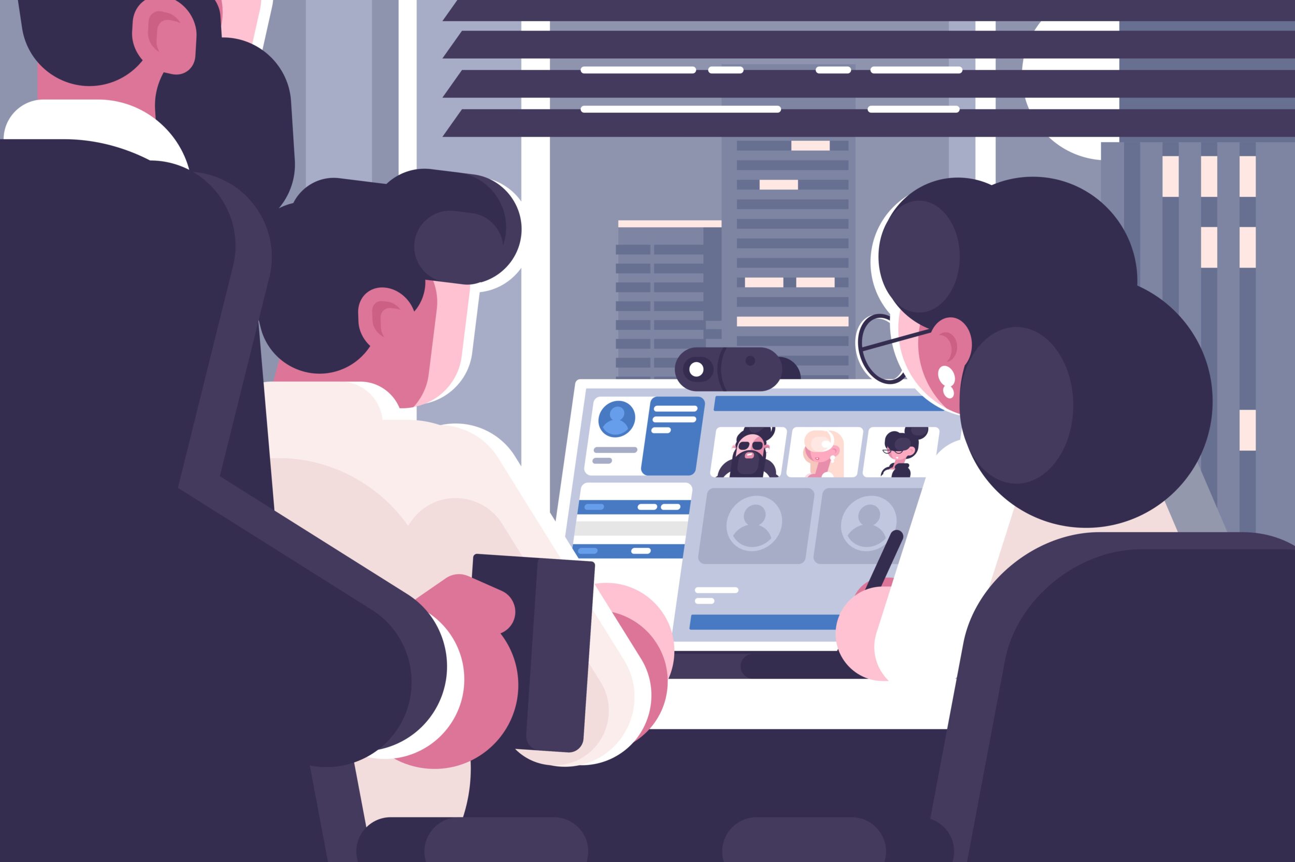 Office workers group video chat. Online communication concept. Web conference virtual discussion. Flat style. Business meeting webinar. Horizontal vector illustration.