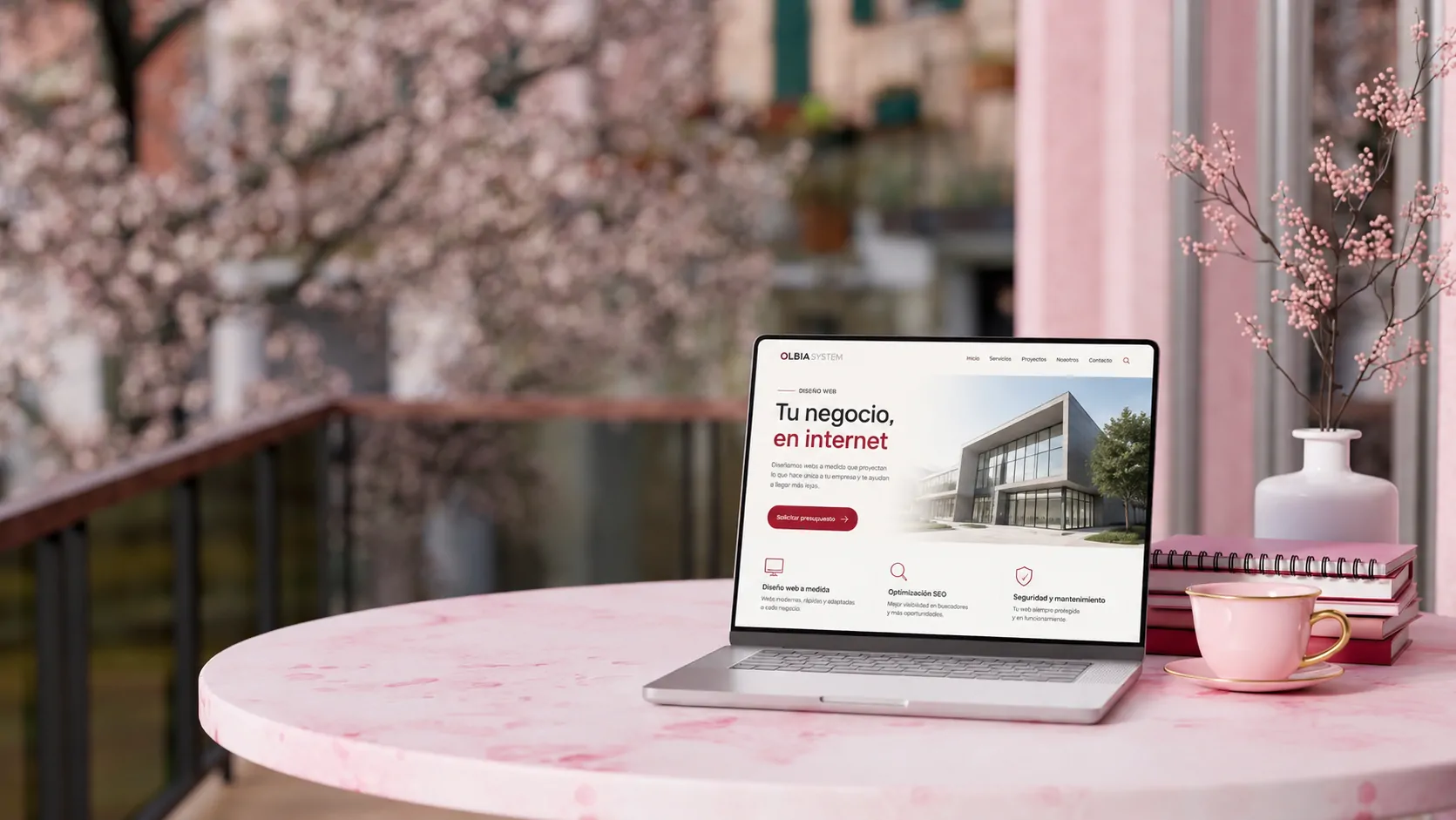 Ordenador portátil con una propuesta de diseño web de Olbia System en un entorno de trabajo rosa